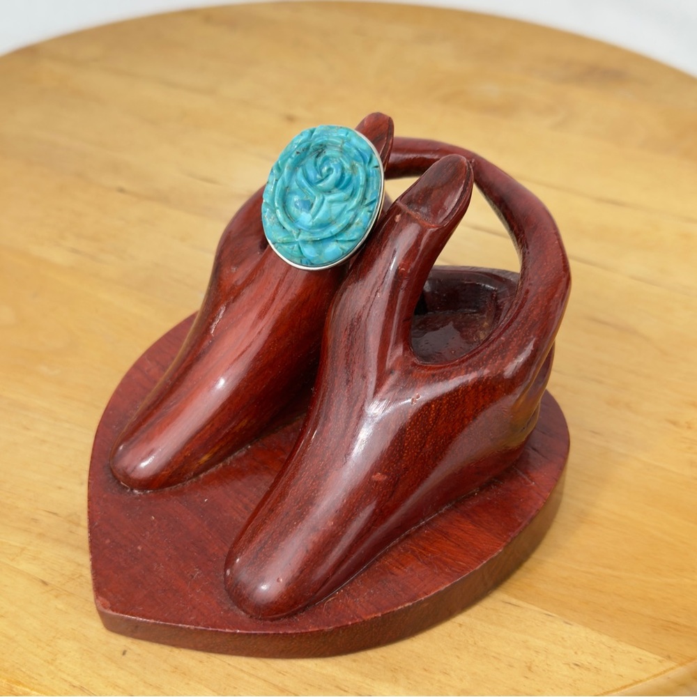 NF 925 Thailand DP Dallas Prince Carved Rose Turquoise Sterling Silver Ring Sz 7 - Picture 5 of 16